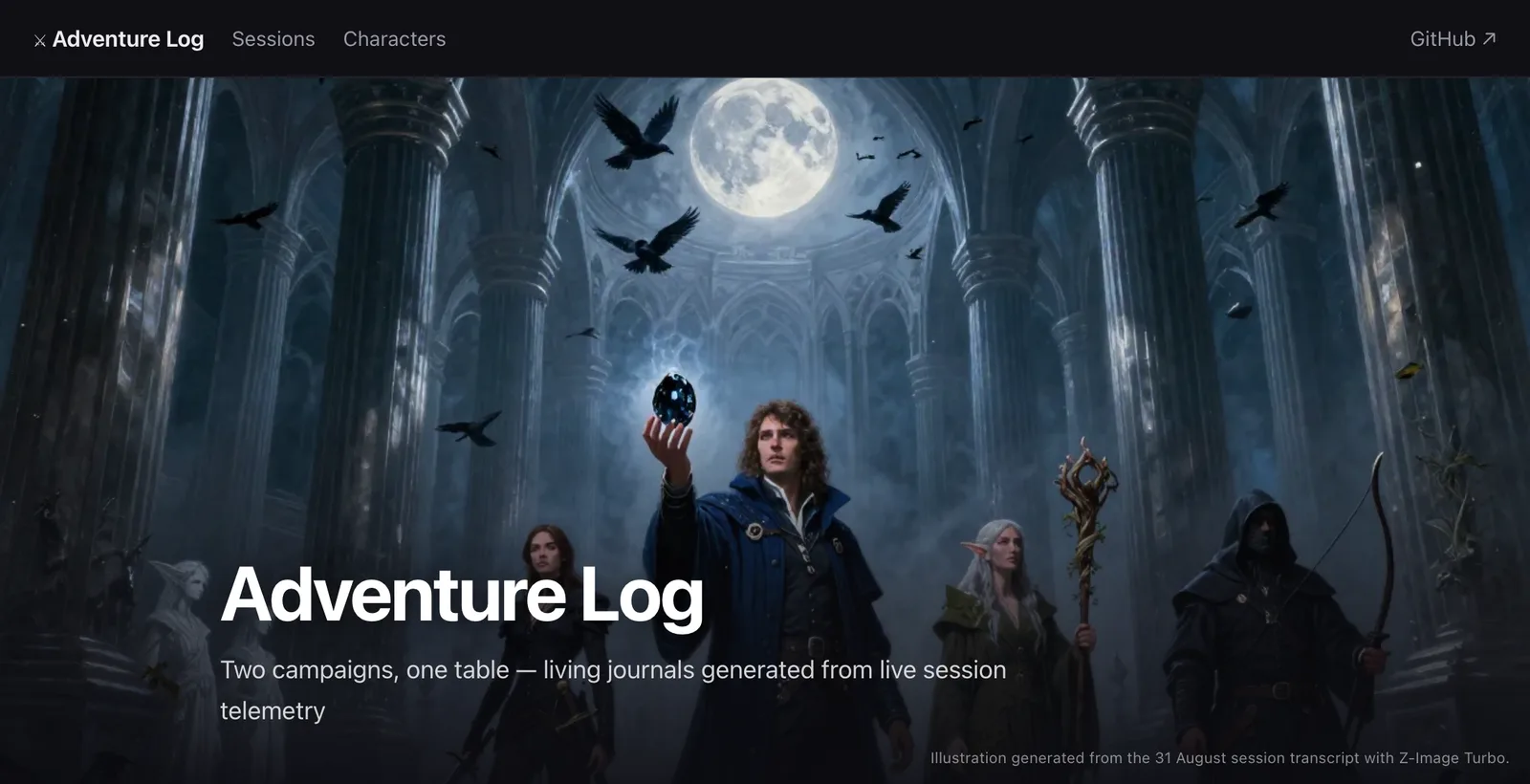 The Adventure Log journal opens on a painting of the party entering the Shadow Fey's New Moon Hall, generated from that session's transcript