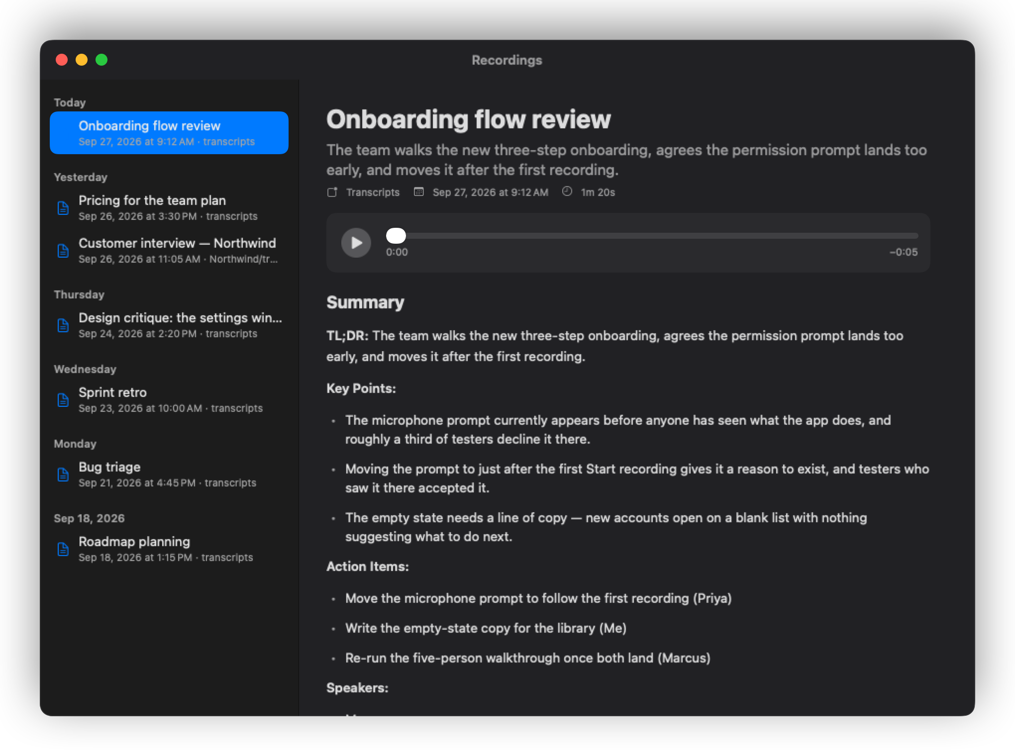 A sample meeting summary with key points and action items