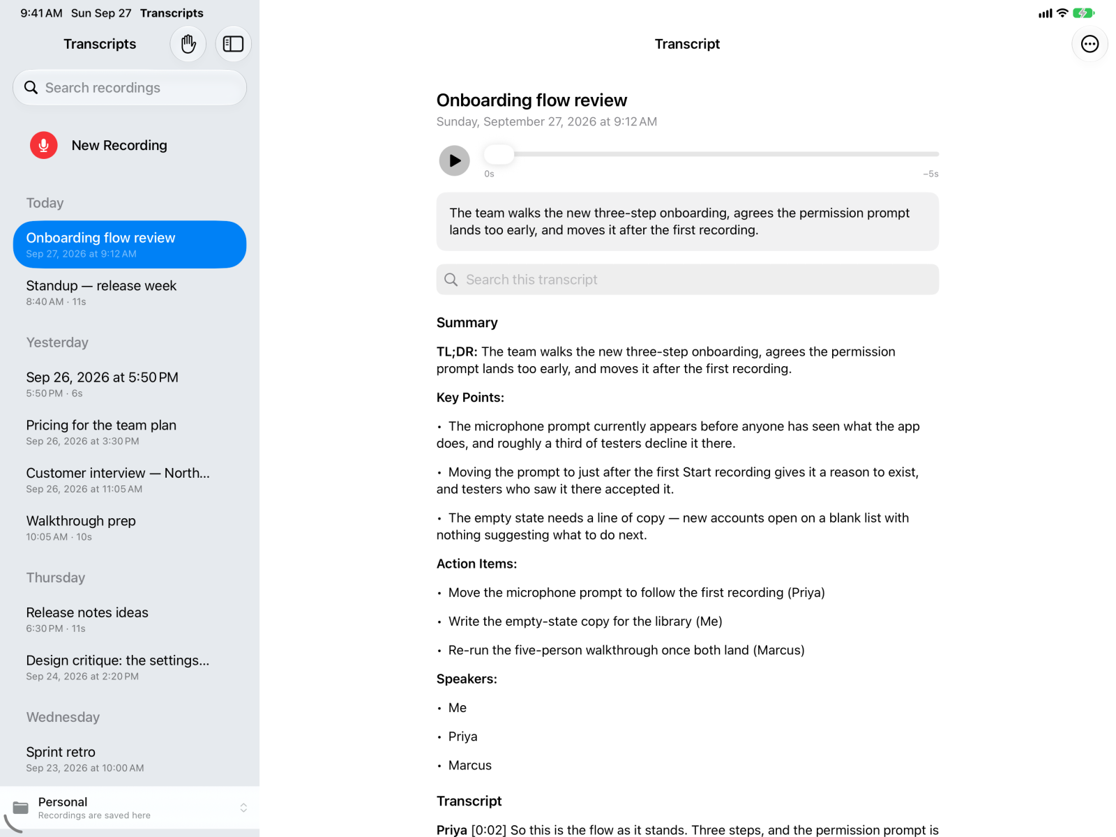 Transcripts on iPad, with its library beside a meeting transcript